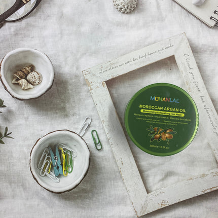 MOHANLAL® XL ARGAN OLIE HAARMASKER 300ML | romige consistentie, kleurbeschermd, vermindert haaruitval en roos, haargroei, verbetert de haartextuur, hydrateert | alle haartypes