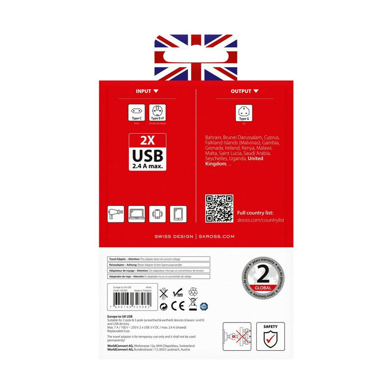 Current Adaptor Skross 1500280 USB x 2 European United Kingdom