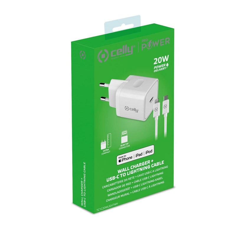 Wall Charger + USB C Cable Celly iPhone White 20 W