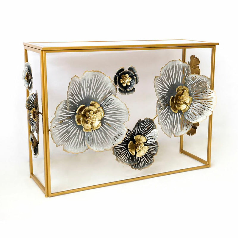 Console DKD Home Decor Mirror Grey Golden Metal Flowers (15.6 x 46.4 x 80 cm)